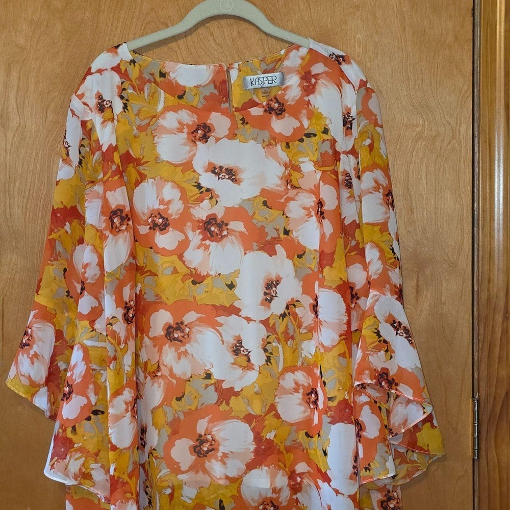 Kasper Plus Size Orange Floral Ruffle Bell Sleeve Chiffon Blouse 3X